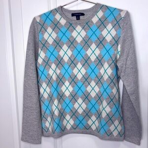 Womens Size Small Lands End 100% Cashmere Argyle Sweater teal cream heather grey